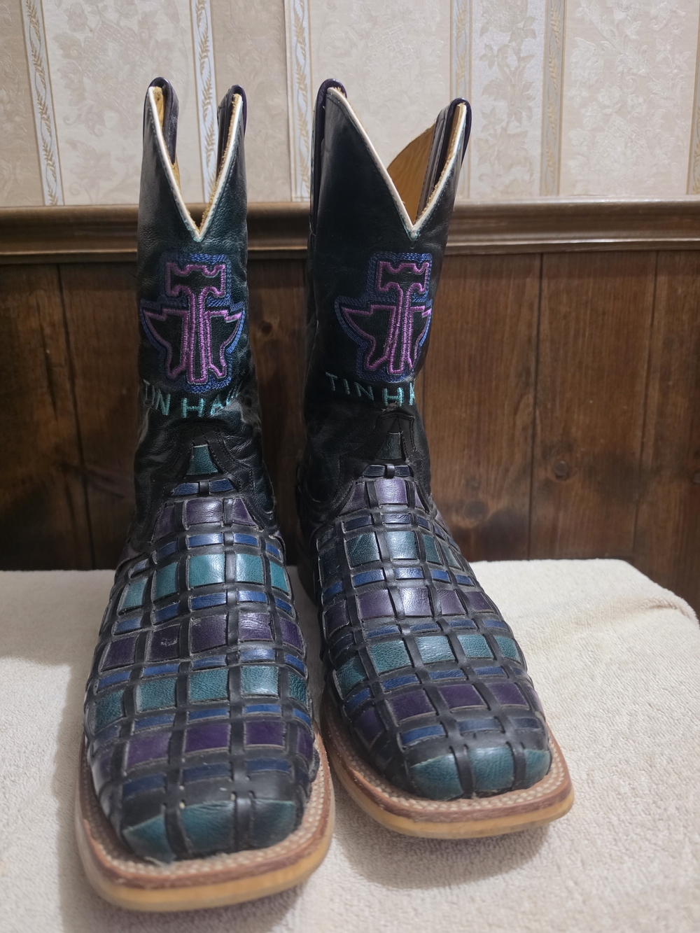 Women's Tin Haul Teal and Purple Woven Leather Western Boots 9.5M